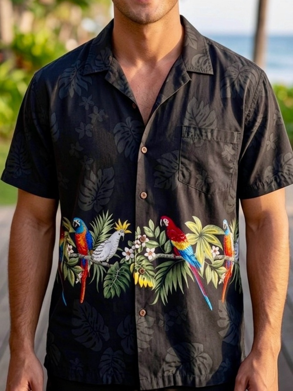 Winnie Fashion Hawaiian Shirt Mens 2XL Parrots Floral Blue Aloha Tropical Cotton